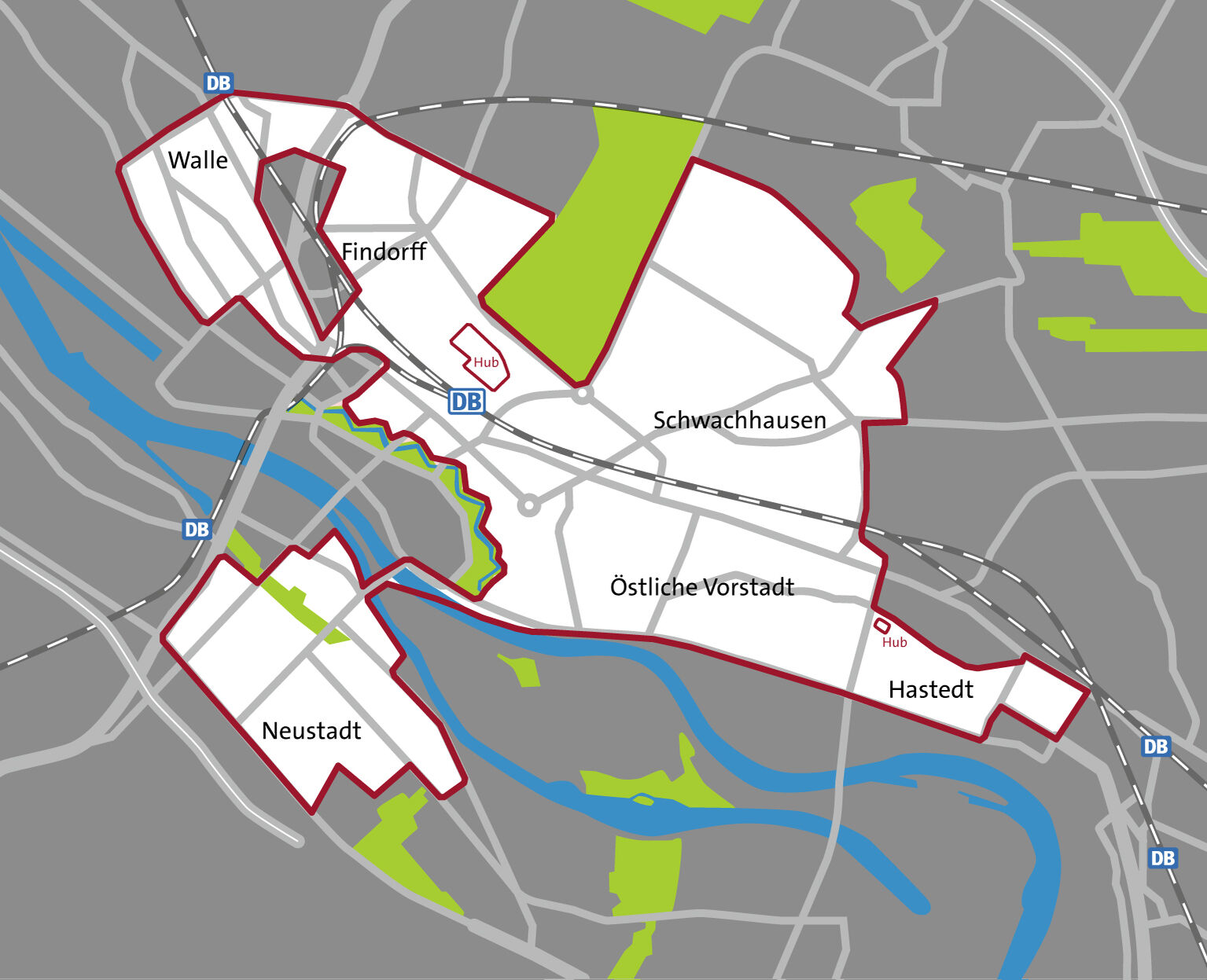 Karte des Bereiches in dem smumo, der Free-Floating-Dienst von cambio CarSharing, in Bremen abgestellt werden darf.  